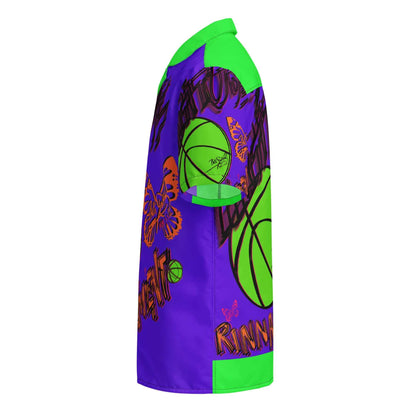Side profile view showing the left asymmetric sleeve of the SALA 3 | Surf Retro Basket eco oversized shirt by PapiJohn®. Highlights the neon green street basketball graphic detail on purple canvas by $arah Free 💎. High-end streetwear de autor.