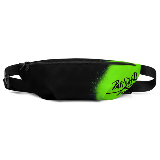 Front view of the SALA 4 | Attitude Neon Monarch Waist Bag by PapiJohn®. Featuring deep black canvas with vibrant neon green graffiti monarch butterfly artwork by $arah Free 💎. High-end tactical streetwear and luxury studio accessory curated in Cadifornia.