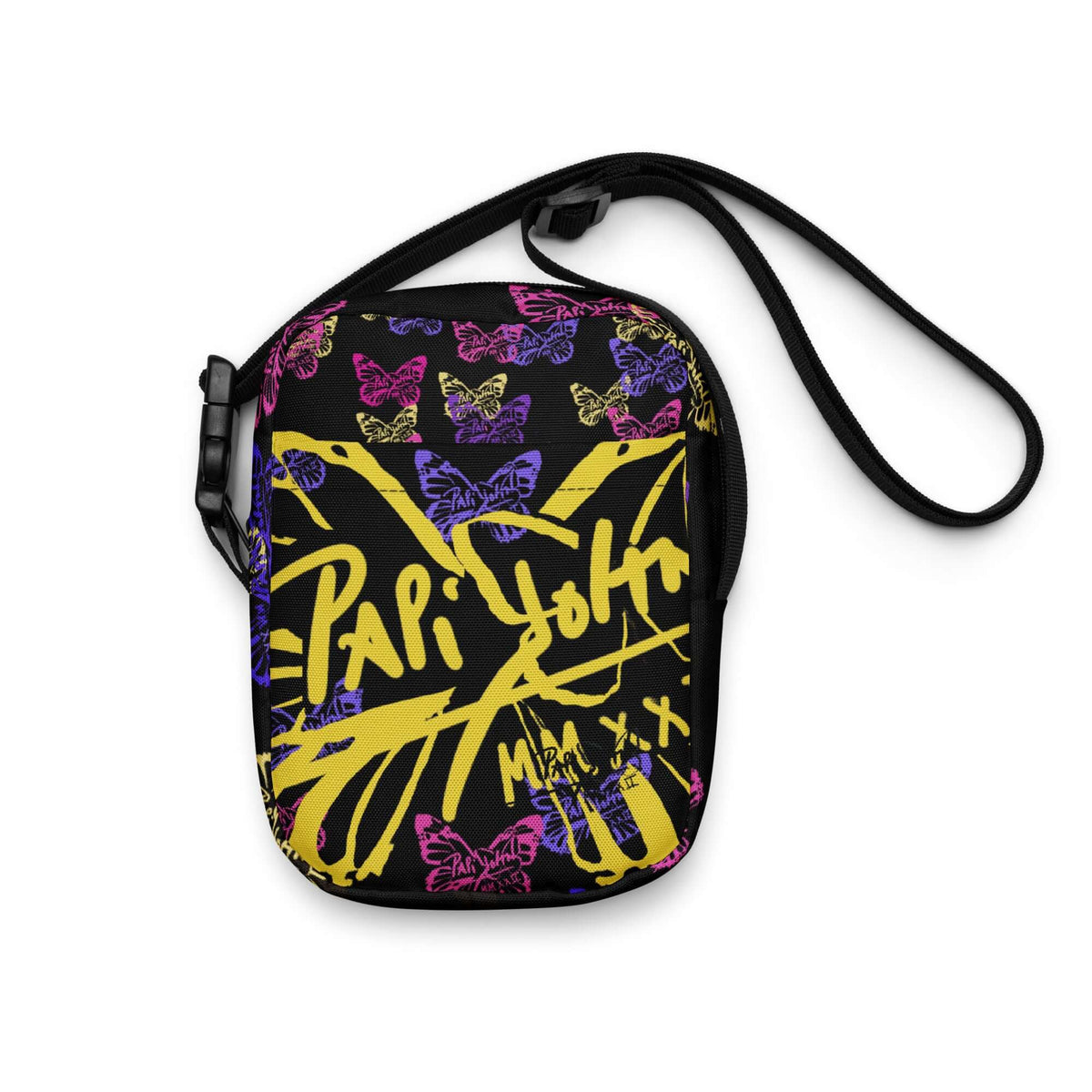 Front view of the SALA 4 | Attitude Rinascimento crossbody bag in faded black by PapiJohn®. Featuring pink, purple, and pastel yellow butterfly artwork by $arah Free 💎. High-end streetwear and luxury studio essentials curated in Cadifornia.PapiJohn® Studio Essentials wearable art fashion by $arah Free 💎