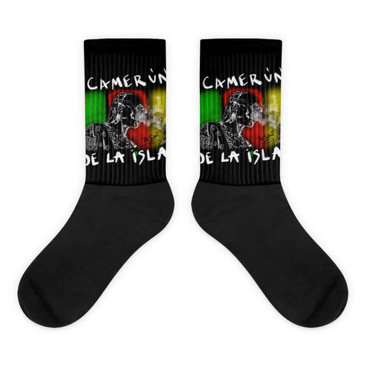 PapiJohn® 🏛️ Sala 4 | Camerún de la Isla | Studio Essentials — Front view of the sublimated socks. Featuring a bold artistic syncretism that merges the Afro-Flamenco soul with a vibrant G-Funk beat by $arah Free 💎. Conscious art accessories and the perfect cultural crossover foundation for the Artist's Uniform, curated in Cadifornia.