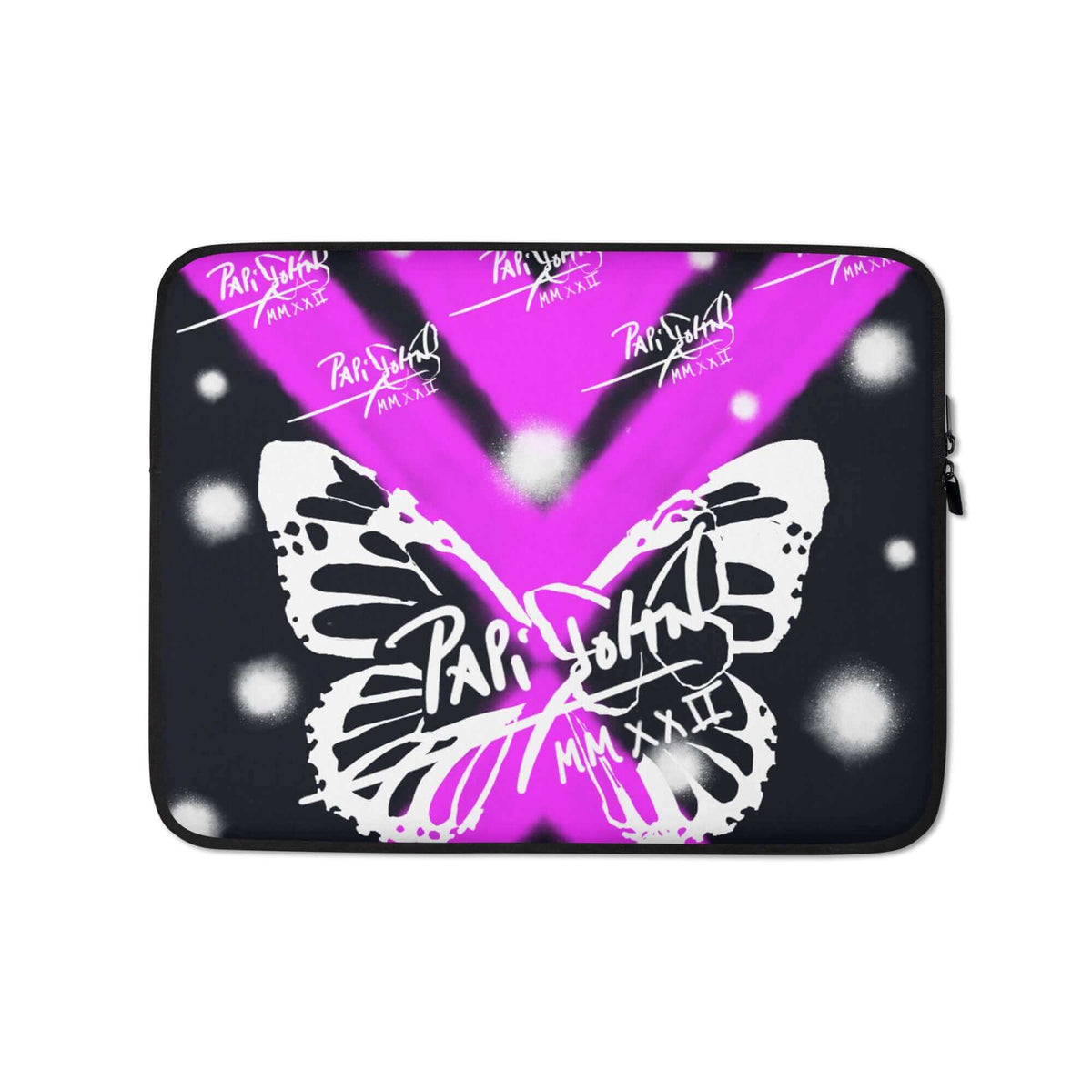 Front view of the SALA 4 | Geometric Monarca Signature Laptop Sleeve by PapiJohn®. Featuring geometric white butterfly graffiti artwork on a protective neoprene designer laptop sleeve 13 15 inch by $arah Free 💎. Funda de ordenador diseño de autor and studio essentials curated in Cadifornia.