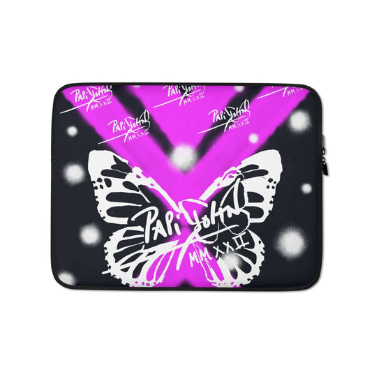 Front view of the SALA 4 | Geometric Monarca Signature Laptop Sleeve by PapiJohn®. Featuring geometric white butterfly graffiti artwork on a protective neoprene designer laptop sleeve 13 15 inch by $arah Free 💎. Funda de ordenador diseño de autor and studio essentials curated in Cadifornia.