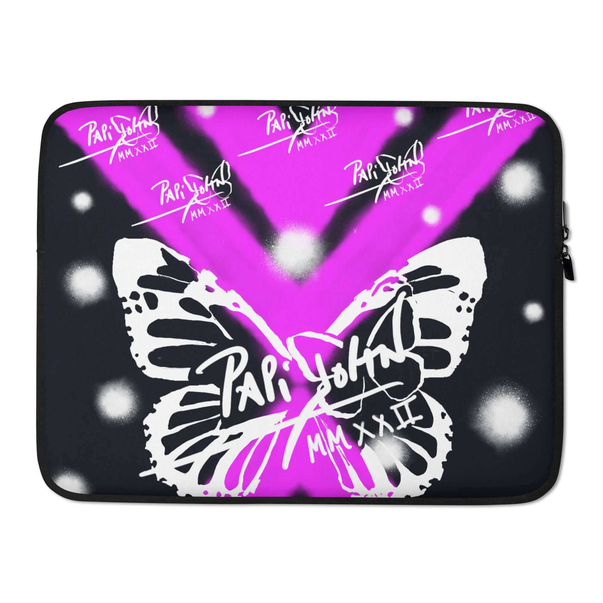 Front view showing the sleek neoprene protection and minimalist structural finish of the SALA 4 | Geometric Monarca Signature Laptop Sleeve by PapiJohn®. High-end studio essentials, designer laptop sleeve 13  inch, and conscious art tech accessory curated in Cadifornia by $arah Free 💎.