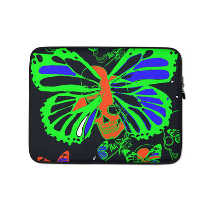 Front view of the 13-inch SALA 4 | Neon Skull Butterfly Laptop Sleeve by PapiJohn®. Featuring electric neon green, orange, and purple skull butterfly artwork on a faded black neoprene designer laptop sleeve by $arah Free 💎. Funda de ordenador diseño de autor and studio essentials curated in Cadifornia.