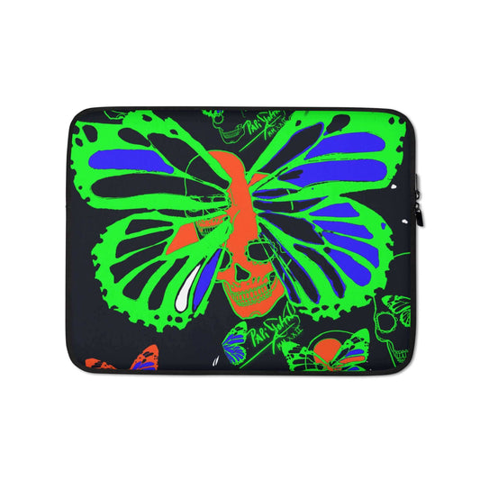 Front view of the 13-inch SALA 4 | Neon Skull Butterfly Laptop Sleeve by PapiJohn®. Featuring electric neon green, orange, and purple skull butterfly artwork on a faded black neoprene designer laptop sleeve by $arah Free 💎. Funda de ordenador diseño de autor and studio essentials curated in Cadifornia.