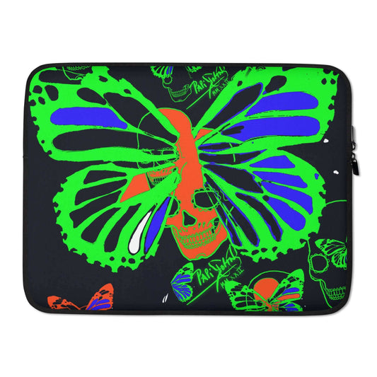 Front view of the 15-inch SALA 4 | Neon Skull Butterfly Laptop Sleeve by PapiJohn®. Showcasing vibrant neon ultraviolet skull butterfly art on protective faded black neoprene by $arah Free 💎. High-end designer laptop sleeve 15 inch and conscious art studio essentials curated in Cadifornia.