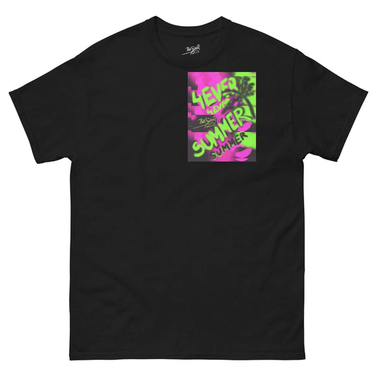 PapiJohn® 🏛️ Sala 5 | 4EVER SUMMER | OverLap Edition — Front view of the Black Canvas Tee. Featuring an urban overlap collage artwork by $arah Free 💎 with high-contrast neon pink, purple, and neon green color boxes, a black spray palm tree sketch, handwritten '4EVER SUMMER' graffiti typography with echo text effect, and the classic signature in neon green on heavy black cotton canvas. High-end luxury streetwear de autor curated in Cadifornia.