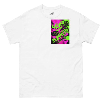 PapiJohn® 🏛️ Sala 5 | 4EVER SUMMER | OverLap Edition — Front view of the White Canvas Tee. Featuring an urban overlap collage artwork by $arah Free 💎 with layered neon pink, purple, and neon green color boxes, a black spray palm tree sketch, handwritten '4EVER SUMMER' graffiti typography with echo text effect, and the classic signature in neon green on heavy white cotton canvas. High-end luxury streetwear de autor curated in Cadifornia.