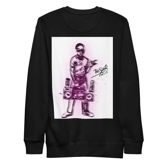 PapiJohn® 🏛️ Sala 5 | The Artpop Beat | Magenta Origin Canvas — Back view of the Black Crewneck. Showcasing the Framed Artpop Bronx kid illustration enclosed in a solid white box, intersected by a vibrant magenta neon beam by $arah Free 💎. Premium heavyweight apparel merging hip hop origins with honest luxury streetwear, gestated in Cadifornia.