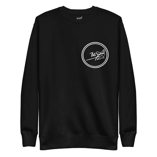 PapiJohn® 🏛️ Sala 5 | The Artpop Beat | Magenta Origin Canvas — Front view of the Black Crewneck. Featuring The Round Logo on the left chest: the classic house signature protected by a pure white double circle acting as an Official Archive seal. High-end conscious luxury streetwear d'auteur curated in Cadifornia.