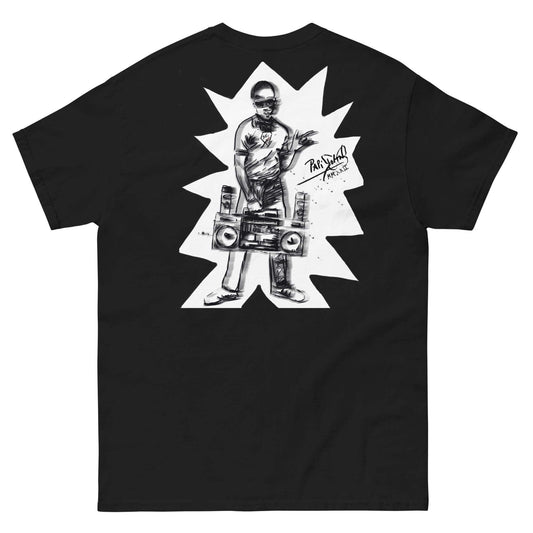 PapiJohn® 🏛️ Sala 5 | The Artpop Speech | Pop Art Canvas — Back view of the Black Canvas. Showcasing the iconic Bronx kid and boombox set against an irregular Spiked Cutout echoing classic Pop Art comic speech bubbles by $arah Free 💎. A gallery-level archive piece blending urban collage aesthetics with high-end conscious luxury apparel, gestated in Cadifornia.