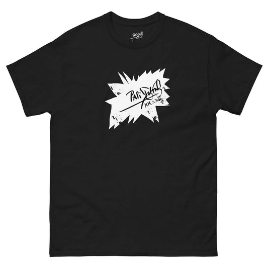 PapiJohn® 🏛️ Sala 5 | The Artpop Speech | Pop Art Canvas — Front view of the Black Canvas. Featuring The Star Graff on the center chest: a house signature transformed into a graffiti star with authentic paint splatters by $arah Free 💎. Honest luxury streetwear merging direct art urgency with wearable urban culture, curated in Cadifornia.