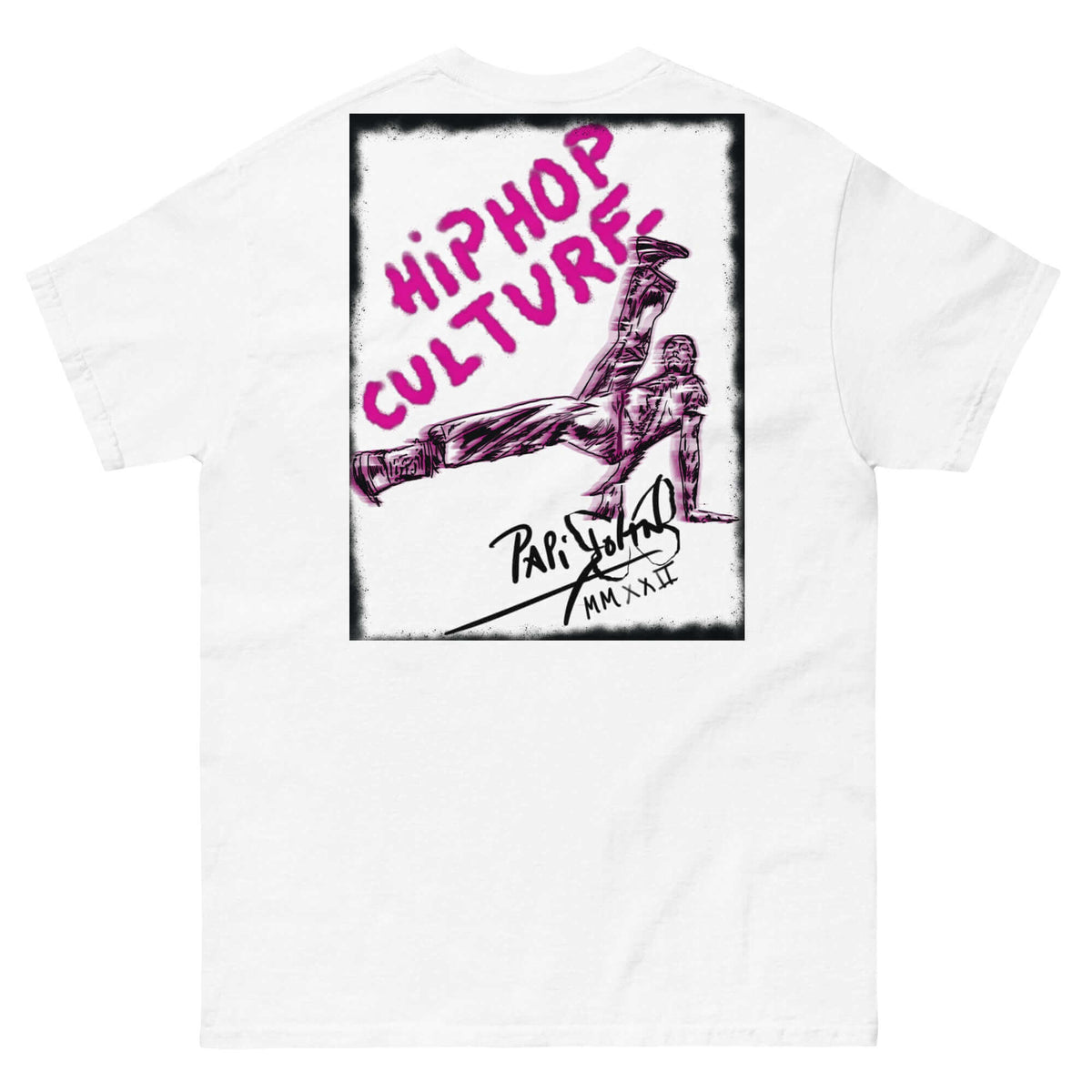 PapiJohn® 🏛️ Sala 5 | The B-Boy Movement | Electric Night Edition — Back view showing the high-density cotton t-shirt silhouette and clean architectural drape of the White Canvas Tee by $arah Free 💎. Gallery archive piece, honest luxury apparel, and wearable art curated in Cadifornia.