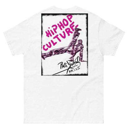 PapiJohn® 🏛️ Sala 5 | The B-Boy Movement | Electric Night Edition — Back view showing the high-density cotton t-shirt silhouette and clean architectural drape of the White Canvas Tee by $arah Free 💎. Gallery archive piece, honest luxury apparel, and wearable art curated in Cadifornia.