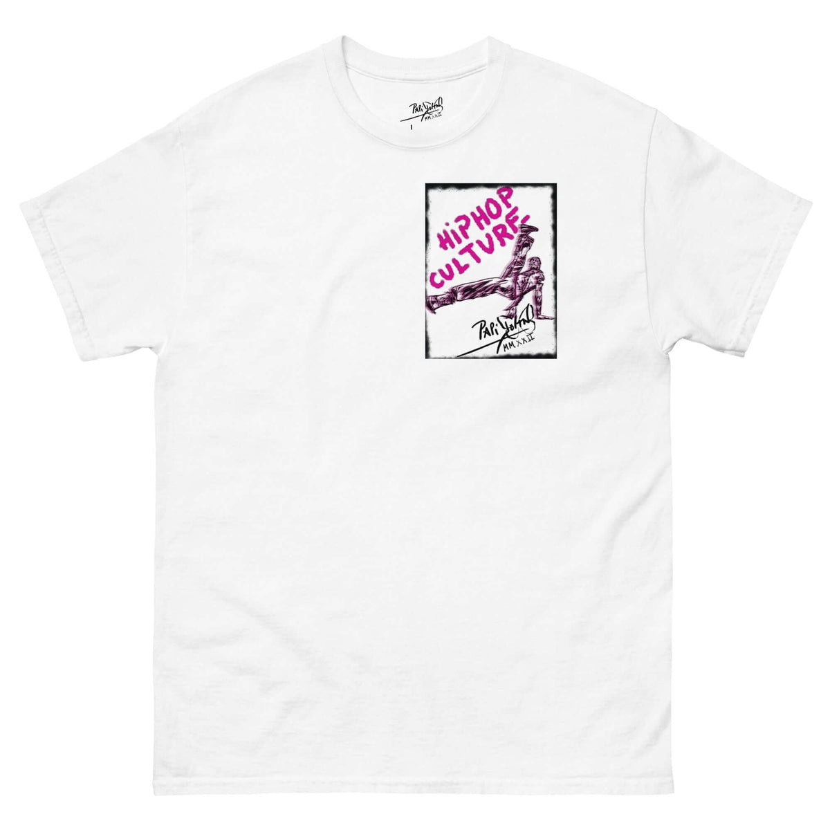 PapiJohn® 🏛️ Sala 5 | The B-Boy Movement | Electric Night Edition — Front view of the White Canvas Tee. Featuring electric neon purple and intense pink graffiti artwork of a breaker in dynamic equilibrium by $arah Free 💎 on heavy white cotton canvas. High-end luxury streetwear de autor curated in Cadifornia.