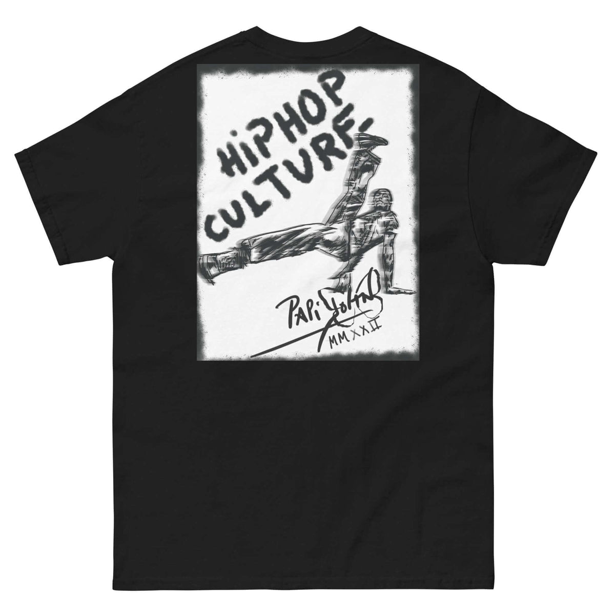 PapiJohn® 🏛️ Sala 5 | The B-Boy Movement | Urban Tribute Piece — Back view showing the high-density cotton t-shirt silhouette and clean architectural drape of the Black Canvas Tee by $arah Free 💎. Gallery archive piece, honest luxury apparel, and wearable art curated in Cadifornia.