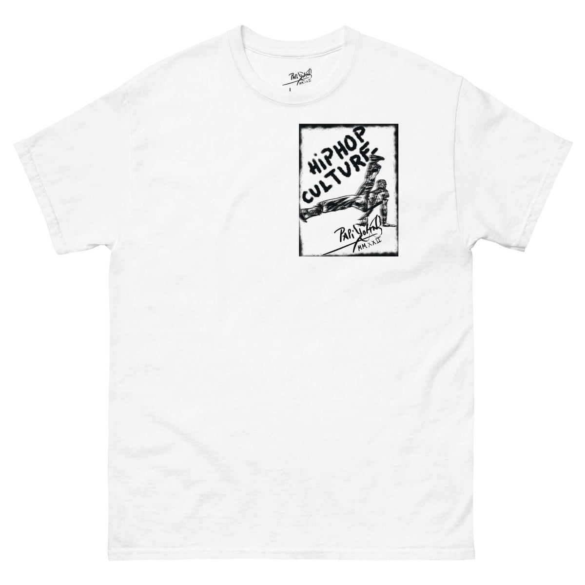 PapiJohn® 🏛️ Sala 5 | The B-Boy Movement | Urban Tribute Piece — Front view of the White Canvas Tee. Featuring the full central chest print of the $arah Free 💎 B-boy in a dynamic gravity-defying equilibrium freeze, surrounded by a charcoal and cobalt blue pure graffiti frame on heavy white cotton canvas. High-end luxury streetwear de autor curated in Cadifornia.