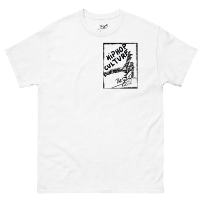 PapiJohn® 🏛️ Sala 5 | The B-Boy Movement | Urban Tribute Piece — Front view of the White Canvas Tee. Featuring the full central chest print of the $arah Free 💎 B-boy in a dynamic gravity-defying equilibrium freeze, surrounded by a charcoal and cobalt blue pure graffiti frame on heavy white cotton canvas. High-end luxury streetwear de autor curated in Cadifornia.