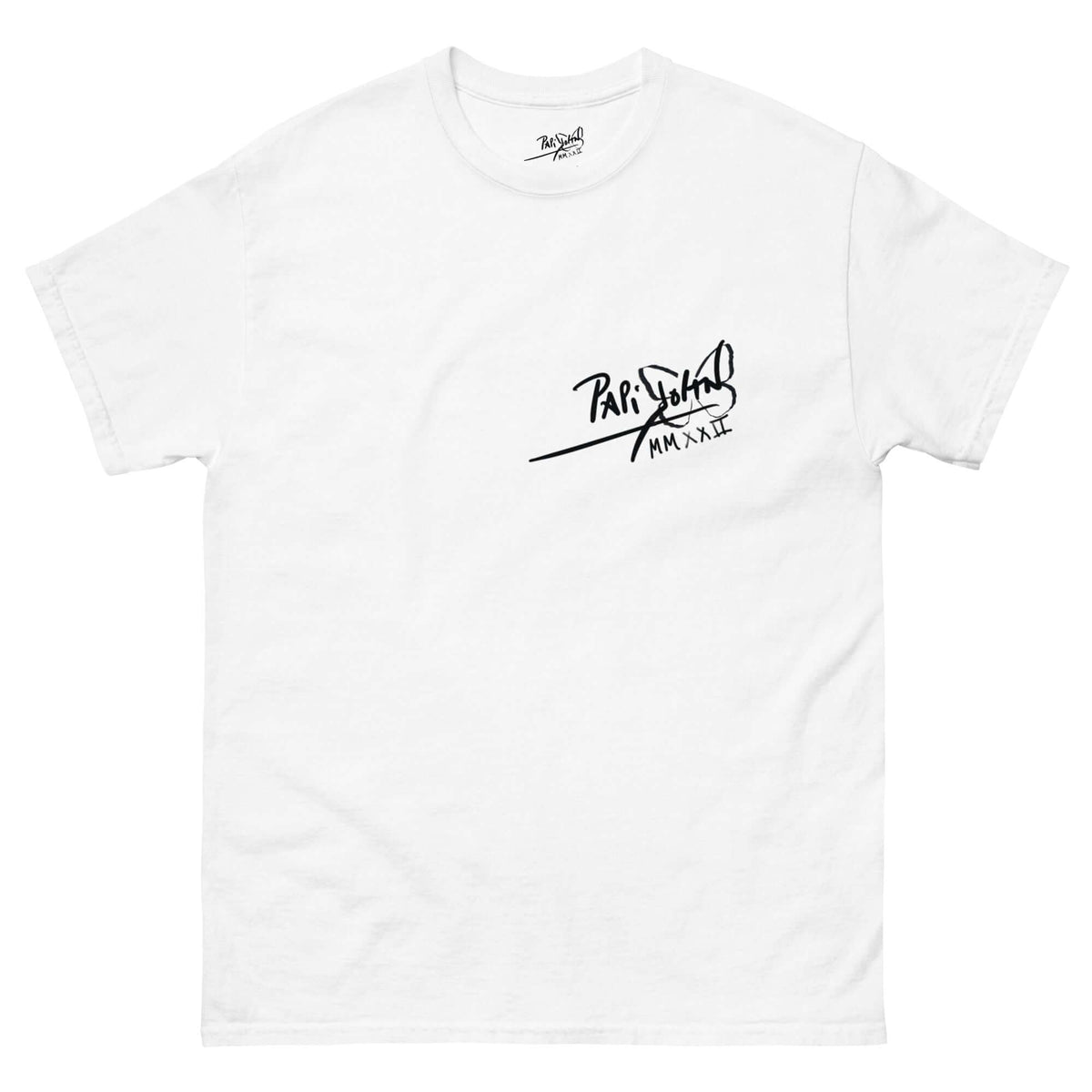 PapiJohn® 🏛️ Sala 5 | The Bronx Beat | Hip Hop Origins Piece — Front view of the White Canvas Tee. Featuring a sober and classic black PapiJohn® signature on the left chest, keeping the purity of the origin. High-end conscious luxury streetwear d'auteur curated in Cadifornia.