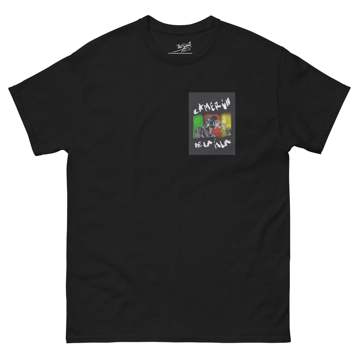 PapiJohn® 🏛️ Sala 5 | Camerún de la Isla | The Crossroad — Front view of the Black Canvas Tee. Showcasing a bold analog design filled with attitude, capturing the smoke of the rhythm through a unique G-Funk and flamenco crossover by $arah Free 💎 on heavy black cotton. High-end conscious luxury streetwear de autor.