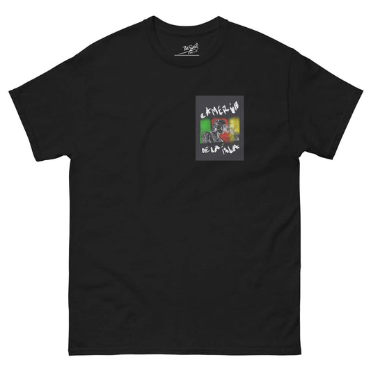 PapiJohn® 🏛️ Sala 5 | Camerún de la Isla | The Crossroad — Front view of the Black Canvas Tee. Showcasing a bold analog design filled with attitude, capturing the smoke of the rhythm through a unique G-Funk and flamenco crossover by $arah Free 💎 on heavy black cotton. High-end conscious luxury streetwear de autor.