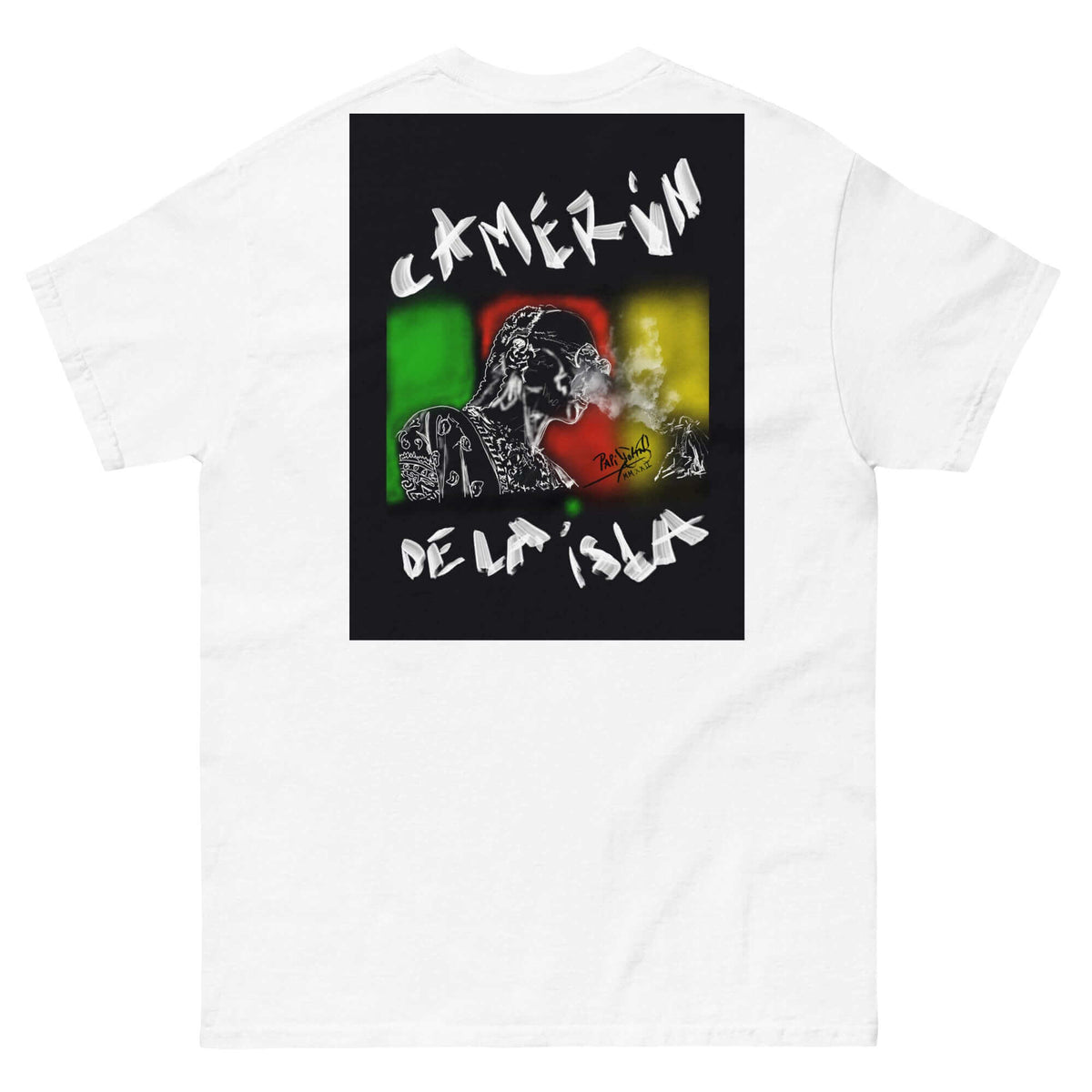 PapiJohn® 🏛️ Sala 5 | Camerún de la Isla | The Crossroad — Back view highlighting the premium heavyweight cotton drape and flawless structural fit of the White Canvas Tee by $arah Free 💎. Honest luxury apparel and raw analog design celebrating creative freedom, gestated in Cadifornia.