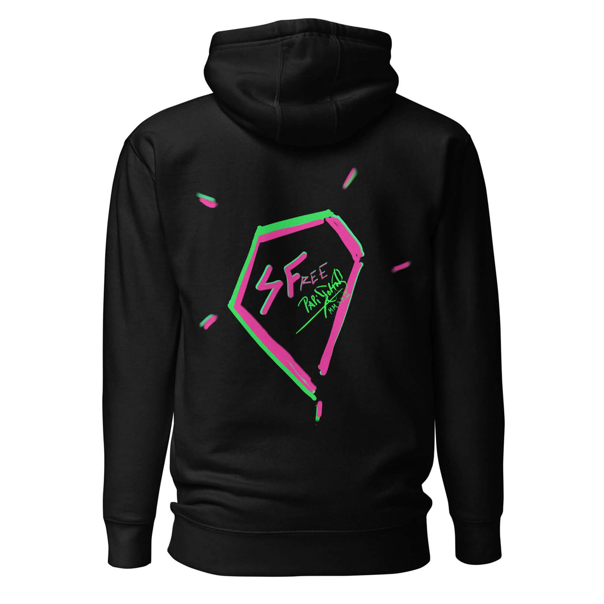 Back view showing the large statement diamond shield graphic on the SALA 5 | The Diamond Shield black premium canvas sweatshirt by PapiJohn®. Heavyweight cotton, artist driven uniform, and honest luxury streetwear de autor ideado en Cadifornia by $arah Free 💎.