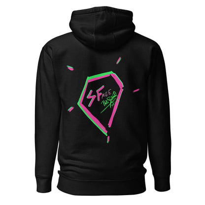Back view showing the large statement diamond shield graphic on the SALA 5 | The Diamond Shield black premium canvas sweatshirt by PapiJohn®. Heavyweight cotton, artist driven uniform, and honest luxury streetwear de autor ideado en Cadifornia by $arah Free 💎.
