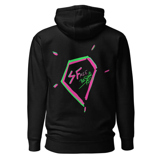 Back view showing the large statement diamond shield graphic on the SALA 5 | The Diamond Shield black premium canvas sweatshirt by PapiJohn®. Heavyweight cotton, artist driven uniform, and honest luxury streetwear de autor ideado en Cadifornia by $arah Free 💎.