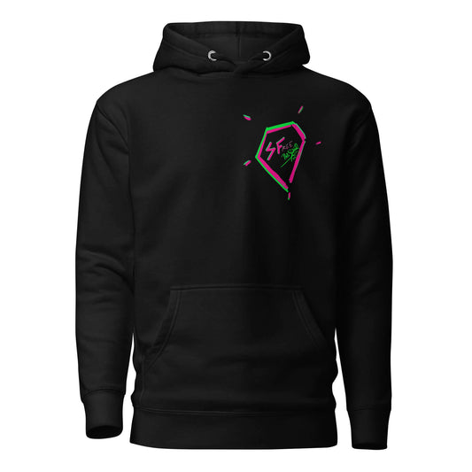 Front view of the SALA 5 | The Diamond Shield premium canvas archive in deep black by PapiJohn®. Featuring a small signature diamond shield emblem on the left chest by $arah Free 💎. High-end streetwear and luxury streetwear de autor ideado en Cadifornia.