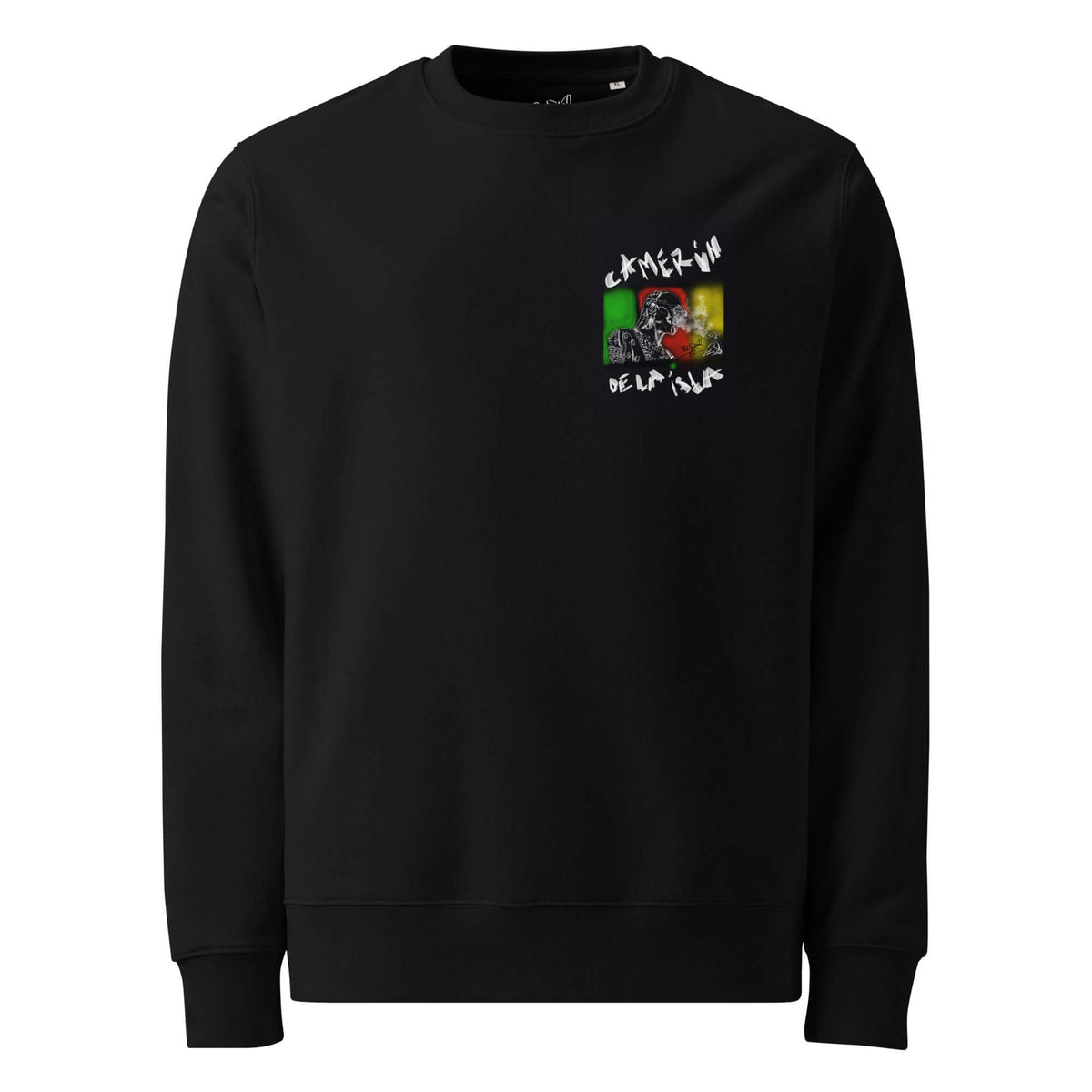 PapiJohn® 🏛️ Sala 5 | The Eco Crossroad | Camerún de la Isla Canvas — Front view of the Black Crewneck. Showcasing a pure artistic métissage capturing the smoke of history and the rhythm of the island by $arah Free 💎 on heavy 350 g/m² certified organic black cotton. High-end conscious luxury streetwear de autor honoring the earth.