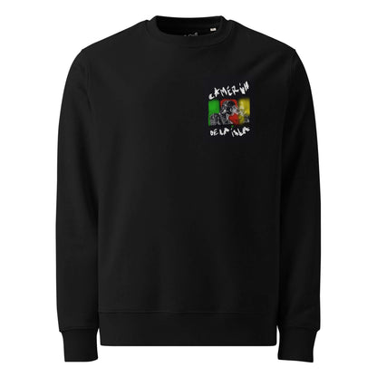 PapiJohn® 🏛️ Sala 5 | The Eco Crossroad | Camerún de la Isla Canvas — Front view of the Black Crewneck. Showcasing a pure artistic métissage capturing the smoke of history and the rhythm of the island by $arah Free 💎 on heavy 350 g/m² certified organic black cotton. High-end conscious luxury streetwear de autor honoring the earth.