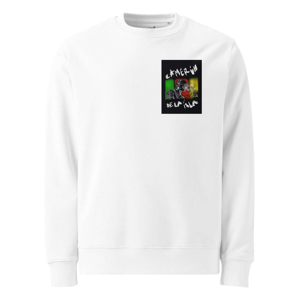 PapiJohn® 🏛️ Sala 5 | The Eco Crossroad | Camerún de la Isla Canvas — Front view of the White Crewneck. Featuring a masterful cultural syncretism that connects African roots, West Coast mysticism, and Southern soul by $arah Free 💎 on heavy 350 g/m² 100% certified organic white cotton. Authentic conscious art and sustainable luxury streetwear curated in Cadifornia.