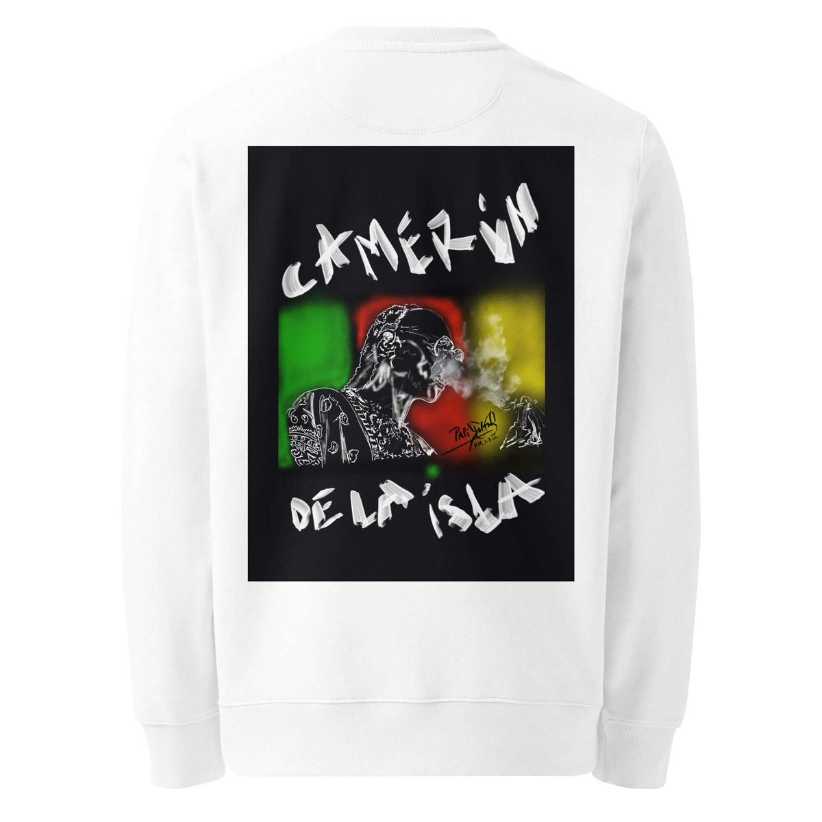 PapiJohn® 🏛️ Sala 5 | The Eco Crossroad | Camerún de la Isla Canvas — Back view highlighting the premium heavyweight 350gsm organic cotton drape and flawless structural fit of the White Crewneck by $arah Free 💎. Honest luxury apparel merging planetary consciousness with wearable art, gestated in Cadifornia.