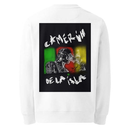 PapiJohn® 🏛️ Sala 5 | The Eco Crossroad | Camerún de la Isla Canvas — Back view highlighting the premium heavyweight 350gsm organic cotton drape and flawless structural fit of the White Crewneck by $arah Free 💎. Honest luxury apparel merging planetary consciousness with wearable art, gestated in Cadifornia.