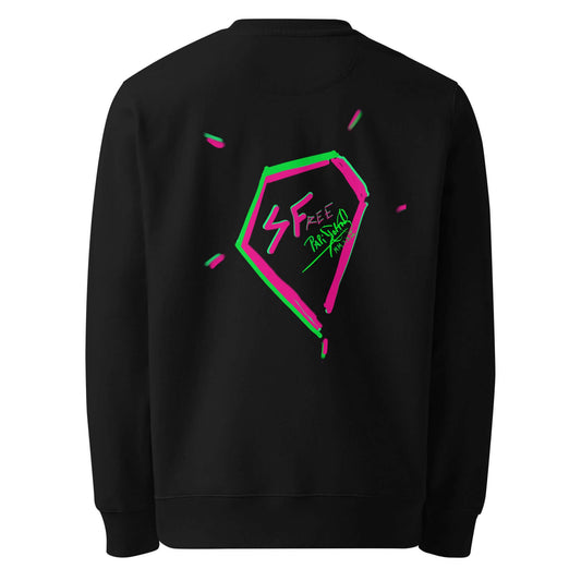 Back view showing the large signature diamond print on the SALA 5 | The Eco Diamond black eco crewneck sweatshirt by PapiJohn®. Heavyweight 350 g/m² organic canvas, artist driven uniform, and conscious art streetwear de autor by $arah Free 💎.