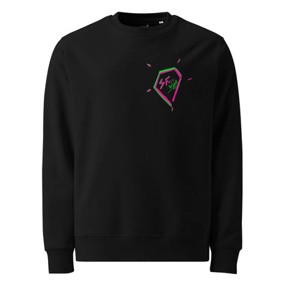 Front view of the SALA 5 | The Eco Diamond eco crewneck sweatshirt in black canvas by PapiJohn®. Minimalist small diamond logo on the left chest by $arah Free 💎. High-end streetwear and artist driven piece ideado en Cadifornia.