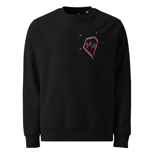 Front view of the SALA 5 | The Eco Diamond eco crewneck sweatshirt in black canvas by PapiJohn®. Minimalist small diamond logo on the left chest by $arah Free 💎. High-end streetwear and artist driven piece ideado en Cadifornia.