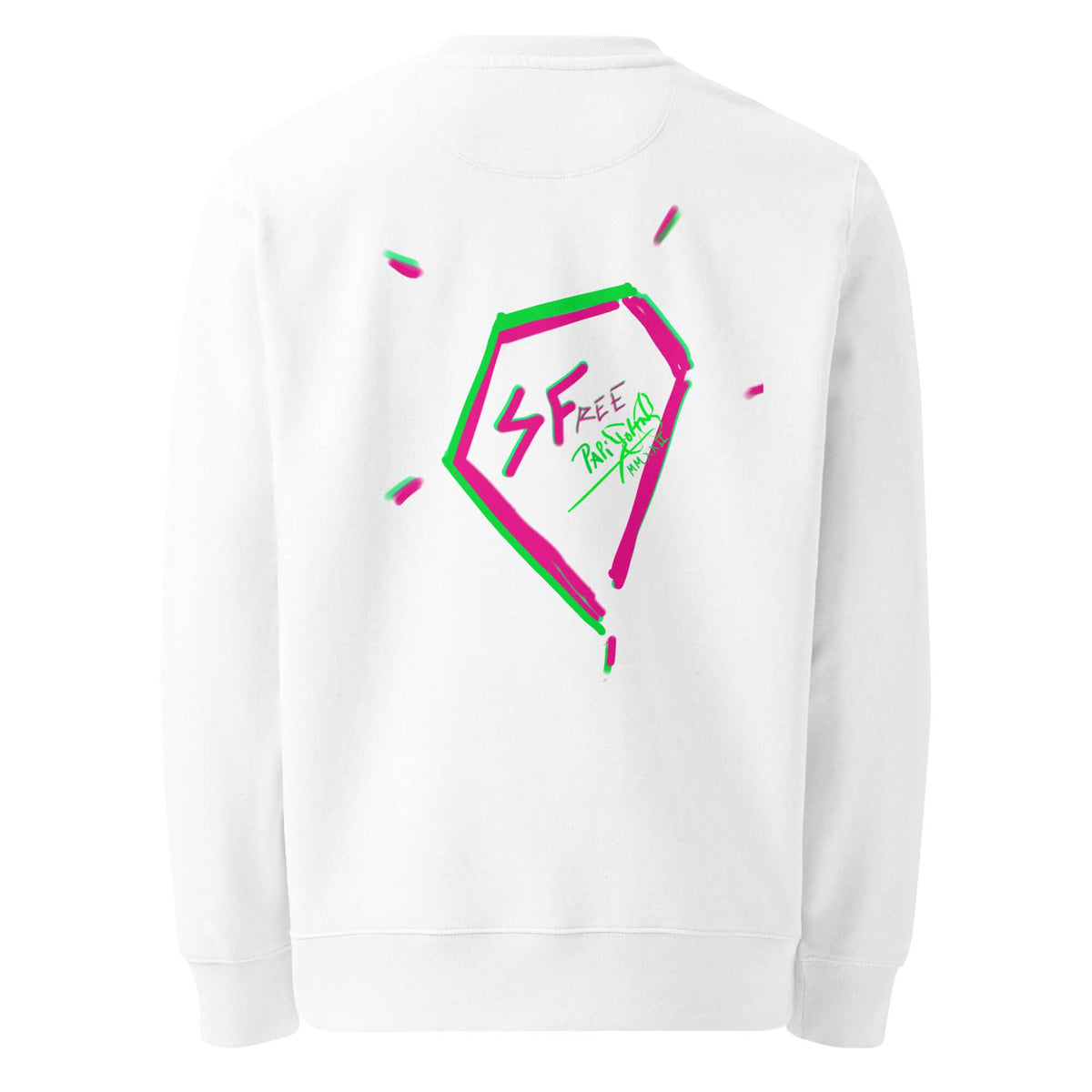 Back view showing the large statement diamond artwork on the SALA 5 | The Eco Diamond white eco crewneck sweatshirt by PapiJohn®. Heavyweight 350 g/m² organic cotton canvas, conscious art uniform, and honest luxury streetwear by $arah Free 💎.