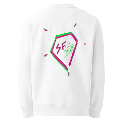 Back view showing the large statement diamond artwork on the SALA 5 | The Eco Diamond white eco crewneck sweatshirt by PapiJohn®. Heavyweight 350 g/m² organic cotton canvas, conscious art uniform, and honest luxury streetwear by $arah Free 💎.