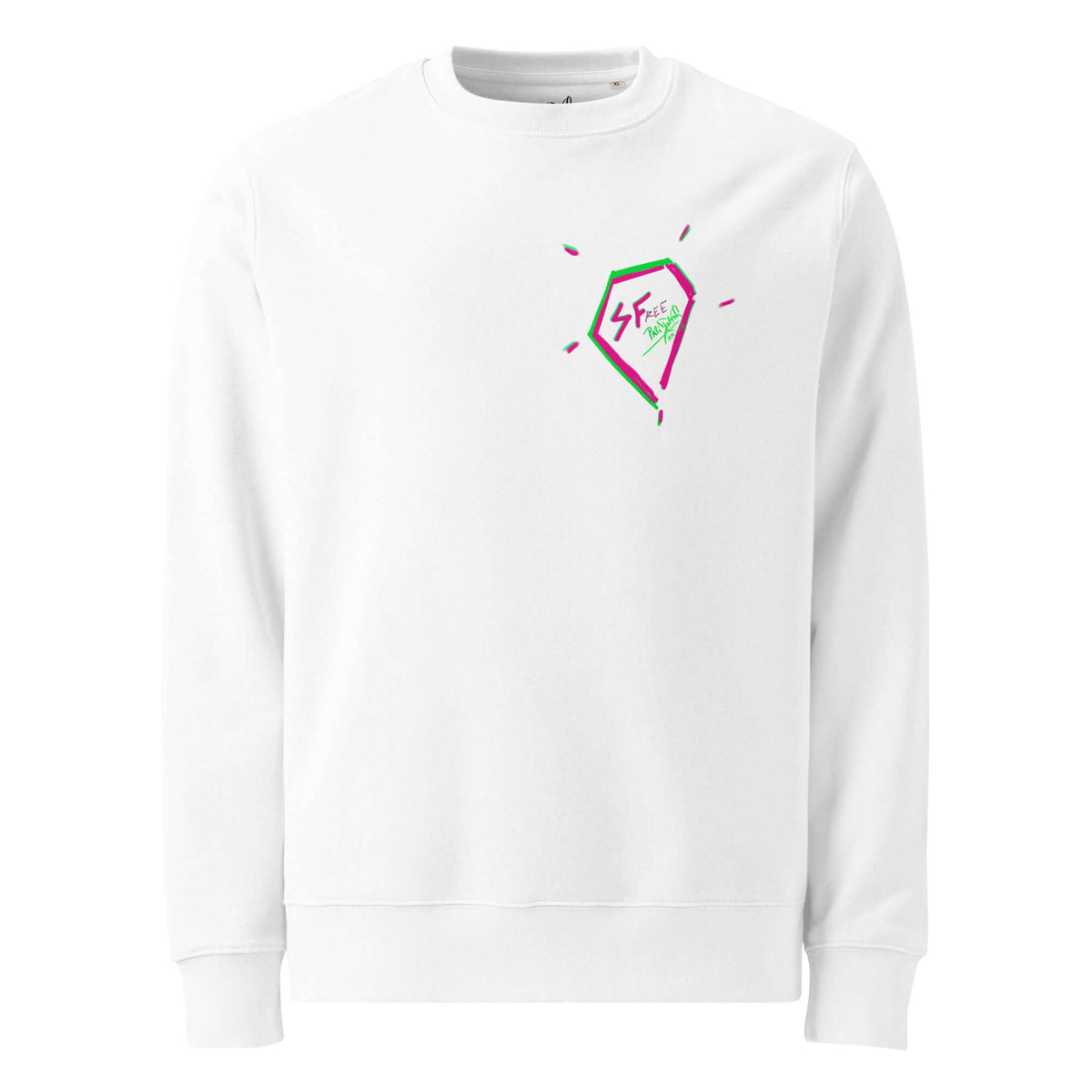 Front view of the SALA 5 | The Eco Diamond eco crewneck sweatshirt in white canvas by PapiJohn®. Featuring a small diamond logo on the left chest by $arah Free 💎. High-end streetwear and luxury streetwear de autor ideado en Cadifornia.