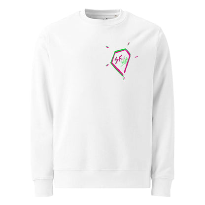 Front view of the SALA 5 | The Eco Diamond eco crewneck sweatshirt in white canvas by PapiJohn®. Featuring a small diamond logo on the left chest by $arah Free 💎. High-end streetwear and luxury streetwear de autor ideado en Cadifornia.