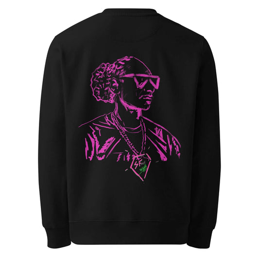 Back view showing the vibrant pink neon contour portrait artwork of Snoop Dogg on the SALA 5 | The Eco Pink Legend organic canvas piece by PapiJohn®. Sustainable luxury apparel, artist driven uniform, and streetwear de autor ideado en Cadifornia by $arah Free 💎.