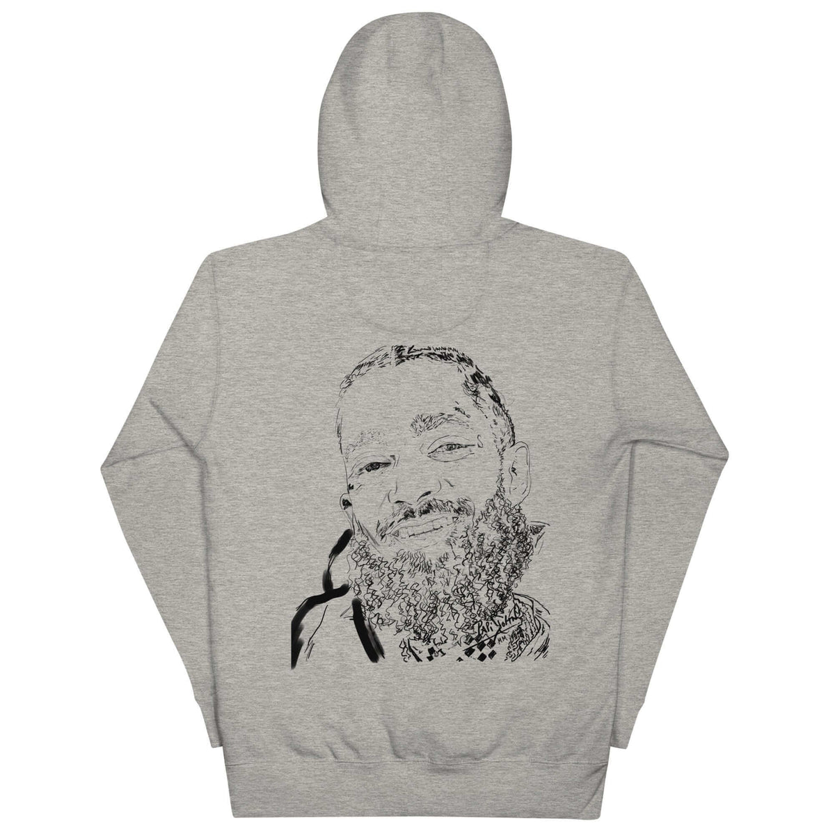 PapiJohn® 🏛️ Sala 5 | The Eternal Smile | Sketched Tribute Canvas — Back view of the Carbon Grey Premium Hoodie. Showcasing "The Sketched Smile" by $arah Free 💎, a fine-line hand-drawn intimate portrait capturing the genuine frontal gaze of an eternal marathon legend. Featuring an analog sketchbook texture that elevates this honest luxury piece, gestated in Cadifornia.