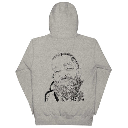 PapiJohn® 🏛️ Sala 5 | The Eternal Smile | Sketched Tribute Canvas — Back view of the Carbon Grey Premium Hoodie. Showcasing "The Sketched Smile" by $arah Free 💎, a fine-line hand-drawn intimate portrait capturing the genuine frontal gaze of an eternal marathon legend. Featuring an analog sketchbook texture that elevates this honest luxury piece, gestated in Cadifornia.