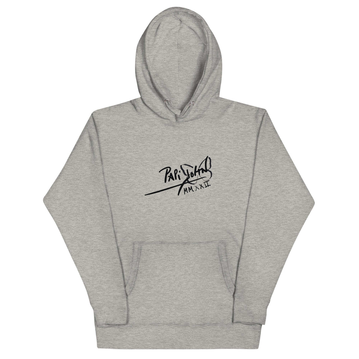 PapiJohn® 🏛️ Sala 5 | The Eternal Smile | Sketched Tribute Canvas — Front view of the Carbon Grey Premium Hoodie. Featuring the classic PapiJohn® signature boldly centered on the chest in deep black, offering a solid declaration of identity. High-end conscious luxury streetwear d'auteur curated in Cadifornia.