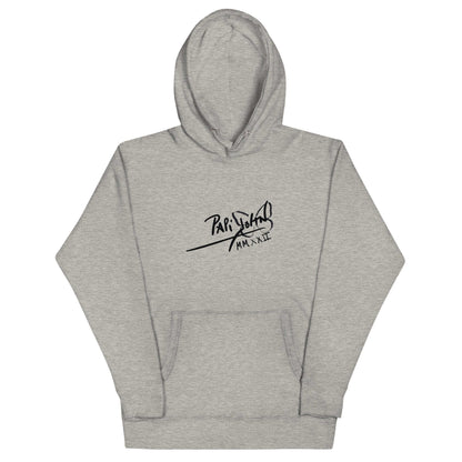 PapiJohn® 🏛️ Sala 5 | The Eternal Smile | Sketched Tribute Canvas — Front view of the Carbon Grey Premium Hoodie. Featuring the classic PapiJohn® signature boldly centered on the chest in deep black, offering a solid declaration of identity. High-end conscious luxury streetwear d'auteur curated in Cadifornia.