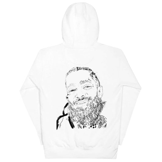 PapiJohn® 🏛️ Sala 5 | The Eternal Smile | Sketched Tribute Canvas — Back view of the White Premium Hoodie. Featuring the masterfully hand-sketched frontal gaze and raw urban texture of an inspiring legend by $arah Free 💎. The black ink fine-line analog stroke contrasts flawlessly against the white canvas, creating a gallery-level tribute piece. PapiJohn® Gallery archive piece, honest luxury apparel, and wearable art curated in Cadifornia by $arah Free 💎.