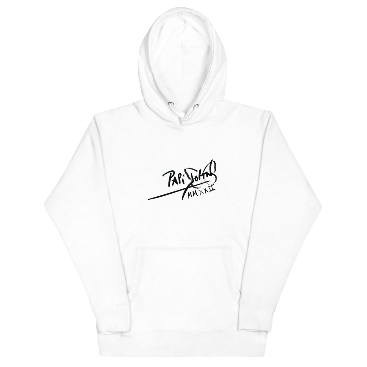 PapiJohn® 🏛️ Sala 5 | The Eternal Smile | Sketched Tribute Canvas — Front view of the pure White Premium Hoodie. Displaying a large format, deep black classic PapiJohn® signature centered on the chest. A robust and balanced foundation for the real ones who appreciate authentic studio apparel by $arah Free 💎. High-end luxury streetwear de autor curated in Cadifornia.