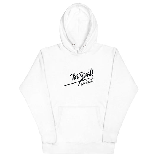 PapiJohn® 🏛️ Sala 5 | The Eternal Smile | Sketched Tribute Canvas — Front view of the pure White Premium Hoodie. Displaying a large format, deep black classic PapiJohn® signature centered on the chest. A robust and balanced foundation for the real ones who appreciate authentic studio apparel by $arah Free 💎. High-end luxury streetwear de autor curated in Cadifornia.